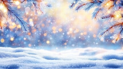 Poster - A serene winter landscape with snow-covered ground, glistening pine branches, and soft glowing lights. Perfect for holidays.