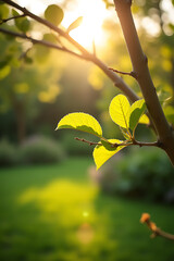 Poster - A tree branch is visible in a sunny garden background with natural elements reflecting morning light softly._00002_