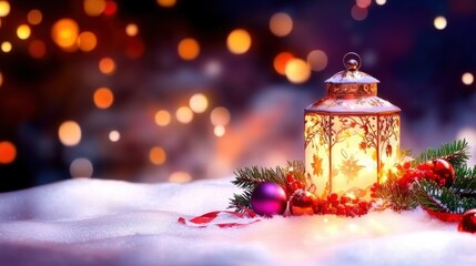 Poster - A warm Christmas lantern glowing amidst sparkling decorations and soft snow, perfect for holiday celebrations.