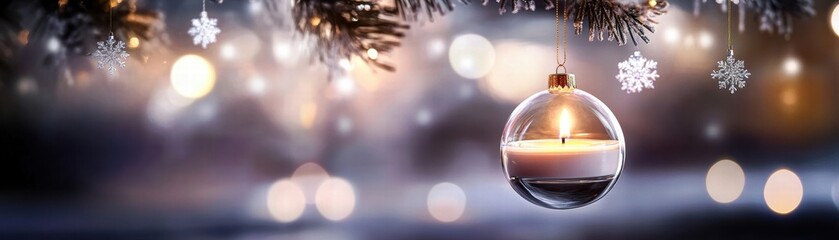 Poster - Elegant candle ornament hanging on a Christmas tree branch, surrounded by soft lights and snowflakes for festive ambiance.