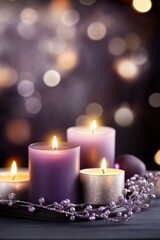 Poster - Elegant candles in soft glow with purple tones, creating a serene and cozy atmosphere for relaxation and meditation.