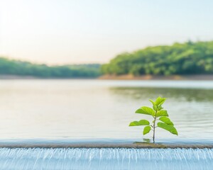Poster - Vibrant Plant on Flowing Water with Soft Light and Lush Forest Backdrop Symbolizing Eco-Conservation