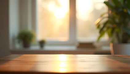 Poster - A selective focus on a wood table with a blurred curtain behind it is seen through a window in the morning._00003_