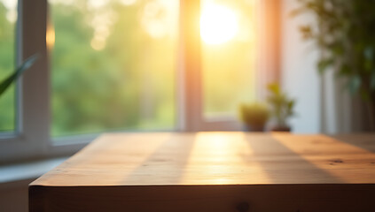 Poster - A selective focus on a wood table with a blurred curtain behind it is seen through a window in the morning._00002_