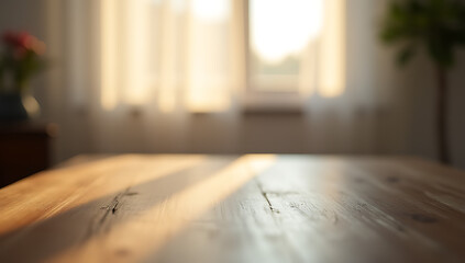 Poster - A selective focus on a wood table with a blurred curtain behind it is seen through a window in the morning._00001_