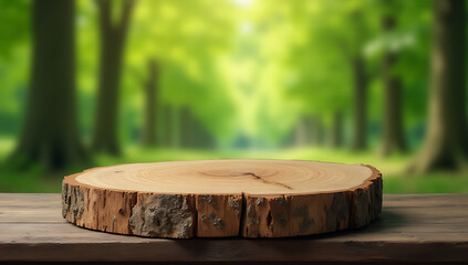Aufkleber - A selective focus of an old tree stump table with a blurred green tree background suitable for product display purposes._00003_