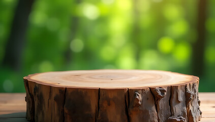 Aufkleber - A selective focus of an old tree stump table with a blurred green tree background suitable for product display purposes._00002_