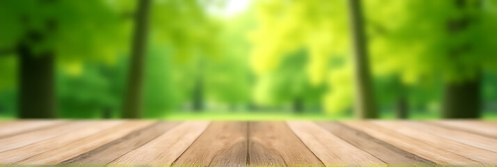 Poster - A selective focus is achieved by centering a wood tabletop within a blurred green tree background scene outdoors naturally._00002_