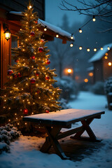 Aufkleber - A rustic wooden table stands empty under a Christmas tree amidst gentle snowfall on a quiet winter evening night scene._00003_