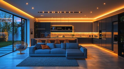 Aufkleber - A modern kitchen with a blue couch and a chair