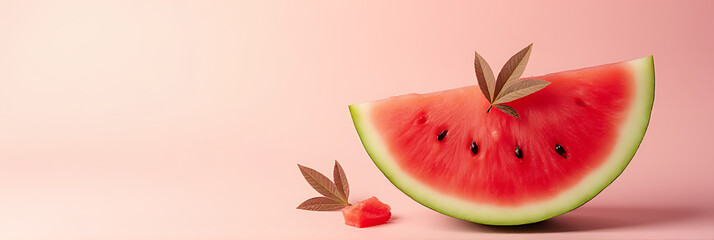 Poster - A refreshing watermelon slice garnished with delicate xanadu leaves on a soft, serene pastel colored background._00003_