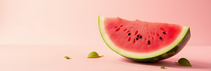 Poster - A refreshing watermelon slice garnished with delicate xanadu leaves on a soft, serene pastel colored background._00002_