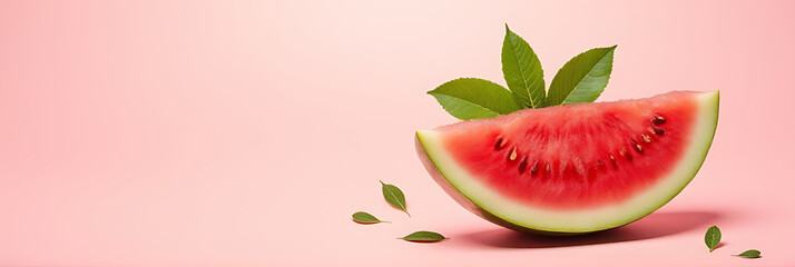 Poster - A refreshing watermelon slice garnished with delicate xanadu leaves on a soft, serene pastel colored background._00001_