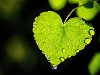 Poster - Close-up of a heart-shaped green leaf adorned with dewdrops, showcasing nature’s beauty and freshness.
