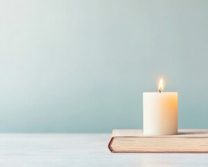 Poster - Candlelit Serenity Symbolic Light and Sacred Book on Table in Minimalist Setting