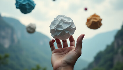 Poster - A person chooses a crumpled paper ball from among various creative ideas and concepts set against a mountainous backdrop._00002_