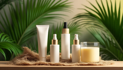 Aufkleber - A natural product display is showcased on a wooden table surrounded by a vibrant palm leaf design aesthetic._00001_
