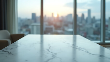 Aufkleber - A modern marble table top sits atop a blurred window, providing a view of a bustling city in the distant town background._00003_