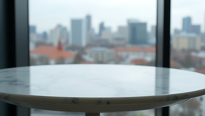 Aufkleber - A modern marble table top sits atop a blurred window, providing a view of a bustling city in the distant town background._00002_