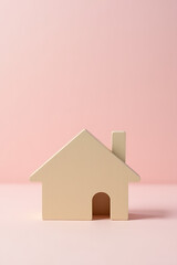 Poster - A model of a house made from wood on a soft pastel colored background conveys property investment and wealth concepts._00001_