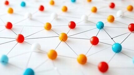 Poster - Colorful network of connected spheres illustrating concepts of communication, teamwork, and collaboration in technology.