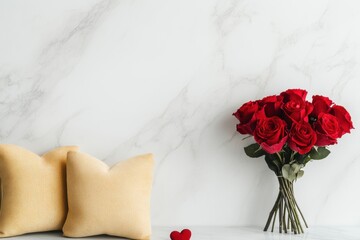 Wall Mural - romantic home decor, chic scandi-style living room adorned with a bouquet of red roses on a marble table, heart-shaped decor, and space for text