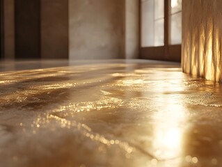 Poster - A close-up view of a polished floor reflecting warm light from large windows.