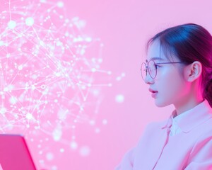 Fototapete - South Korean Student Engaged in Digital Learning with Abstract Glowing Data Streams