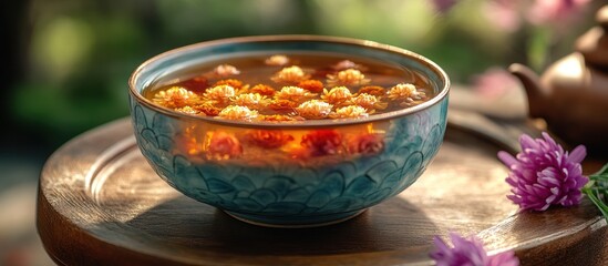 Poster - Chrysanthemum tea in a blue bowl on a wooden tray.