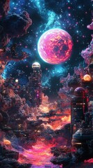 Wall Mural - glowing space station orbiting a vibrant alien planet, intricate cosmic textures, surreal and futuri