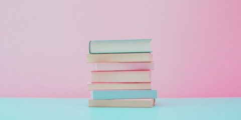 Poster - Stack of Books on Pastel Background Modern Minimalist Study Ambiance