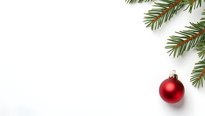 Poster - A festive Christmas concept featuring a simple yet elegant design with a pine branch and red ball ornament on a white background._00001_