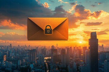 Wall Mural - An envelope with a padlock symbol, floating above an urban skyline at sunset, symbolizing cybersecurity in business