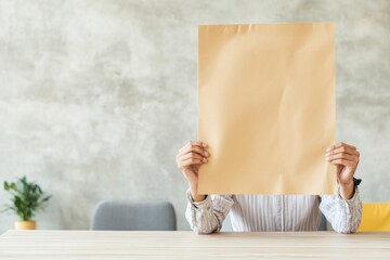 Poster - Man Holding Large Blank Paper in Minimalist Workspace