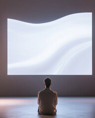 Poster - Serene Contemplation Man Engrossed in Abstract Visuals on Large Screen in Minimalist Setting