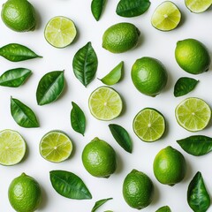 Wall Mural - fresh green limes and leaves on a white background