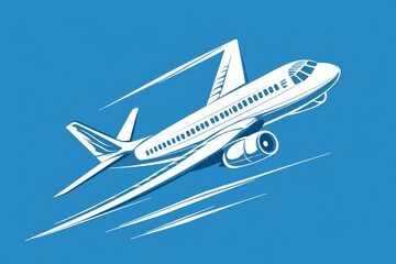 Wall Mural - A sleek white airplane outlined against a vivid blue sky, with soft blue contrails trailing behind. 