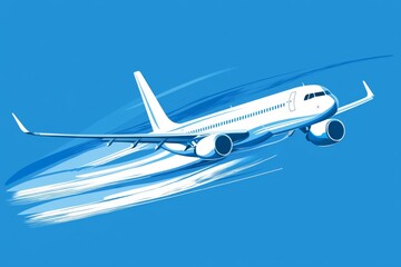 Wall Mural - A sleek white airplane outlined against a vivid blue sky, with soft blue contrails trailing behind. 