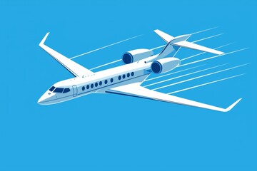 Wall Mural - A sleek white airplane outlined against a vivid blue sky, with soft blue contrails trailing behind. 