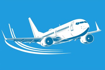 Wall Mural - A sleek white airplane outlined against a vivid blue sky, with soft blue contrails trailing behind. 