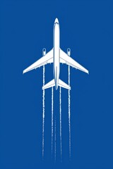 Wall Mural - A sleek white airplane outlined against a vivid blue sky, with soft blue contrails trailing behind. 