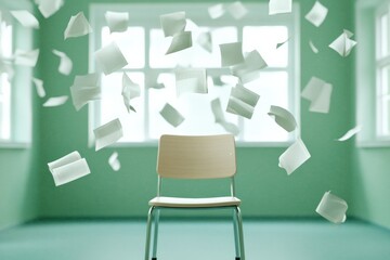 Poster - Surreal Floating Papers in a Minimalist Study Space