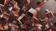 © Sahraya - Chocolate bar pieces flying in air. Realistic 3d vector illustration set of dark brown cocoa sweet dessert. Square black or milk choco candy broken chunk. Falling delicious confectionery product cube.