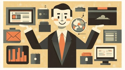 Poster - Happy businessman juggling various digital devices and data.