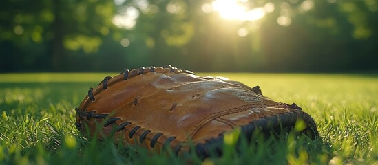 Wall Mural - Worn leather baseball mitt rests in grass at sunset.