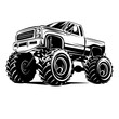 © StudioWorld - Monster truck with large wheels and elevated suspension, showcasing its rugged design and powerful presence. Monster Truck Vector Graphics Vector. Wheels Bigger Dreams Art Off Road in Illustration