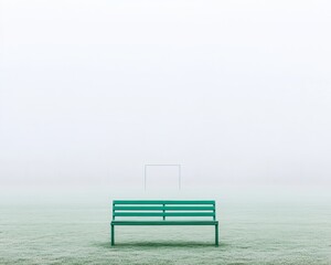 Poster - Minimalist Football Field in Mist Serene Morning with Green Bench and Goalpost