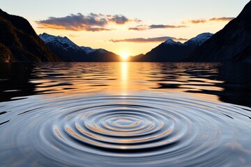Poster - A clean icon of rippling fjord water under a rising sun, rendered in soft pastel tones