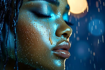 Aufkleber - A close-up of a face in the rain, water streaming down, illuminated by a warm streetlamp glow