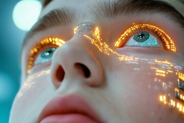 Poster - A close-up of a man face with cybernetic enhancements, glowing elements integrated into his skin
